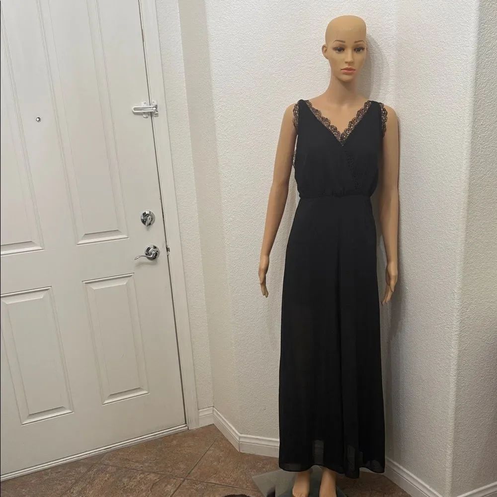 Cotton Candy Black Maxi Dress Silky VNeck Lace Detail Tie Back Slit Front Small